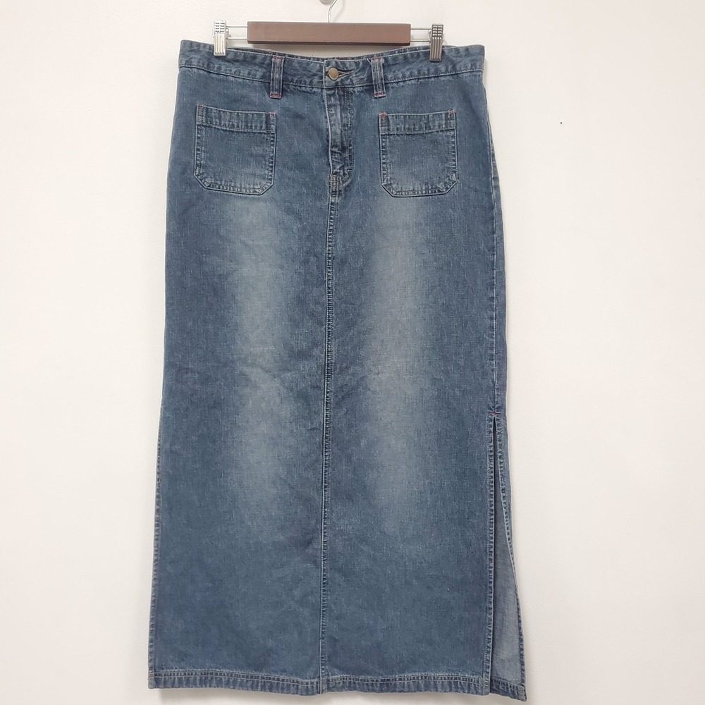 Union Bay Womens Y2K Denim Maxi Skirt Size 13 Blue Pockets Long Country Faded